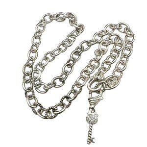 Judith Ripka Sterling Silver Ribbed Smooth Link 20 Inch Necklace Key Charm